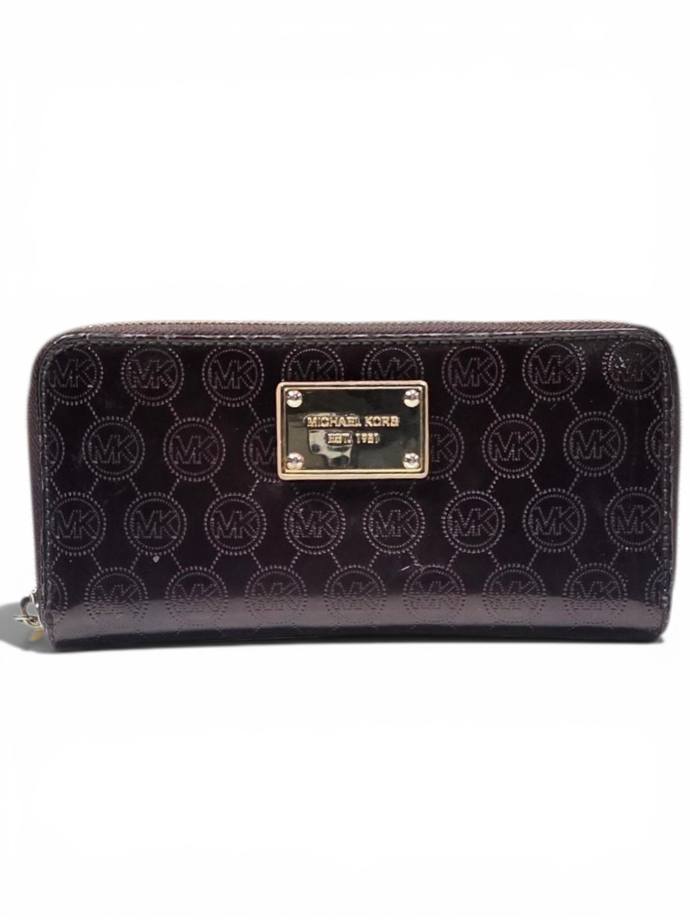 Michael Kors Dark Brown Patent MK Logo Zip Wallet with Gold Plate